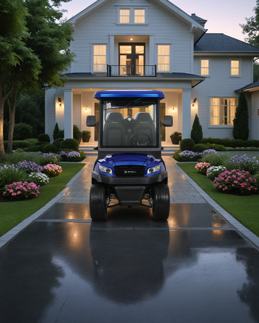 blue bintelli golf cart in driveway of beautiful home