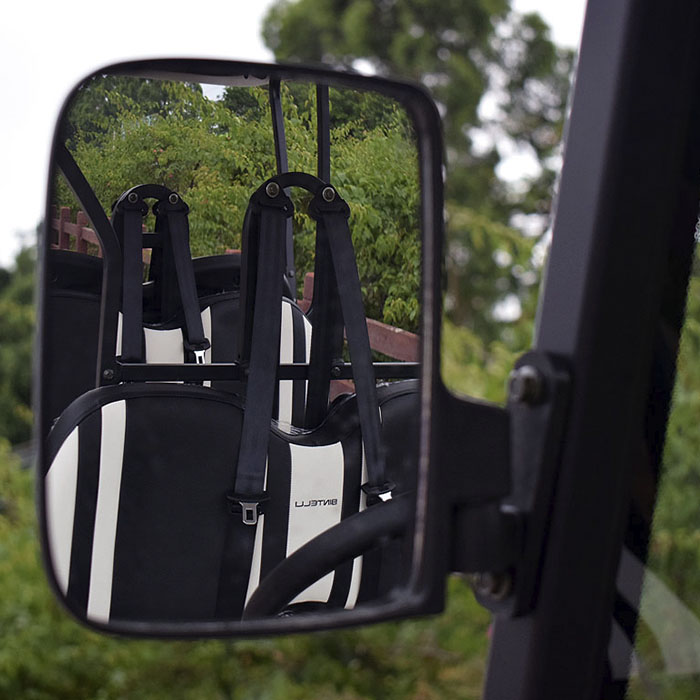 A side view mirror on an electric golf cart vehicle with trees in the background.