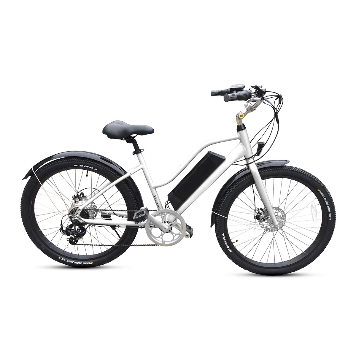 The white colour bintelli B1 electric cruiser bike with 350w and 20mph speed