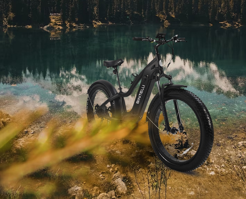 Bintelli electric black bike parked on the shore of a lake.