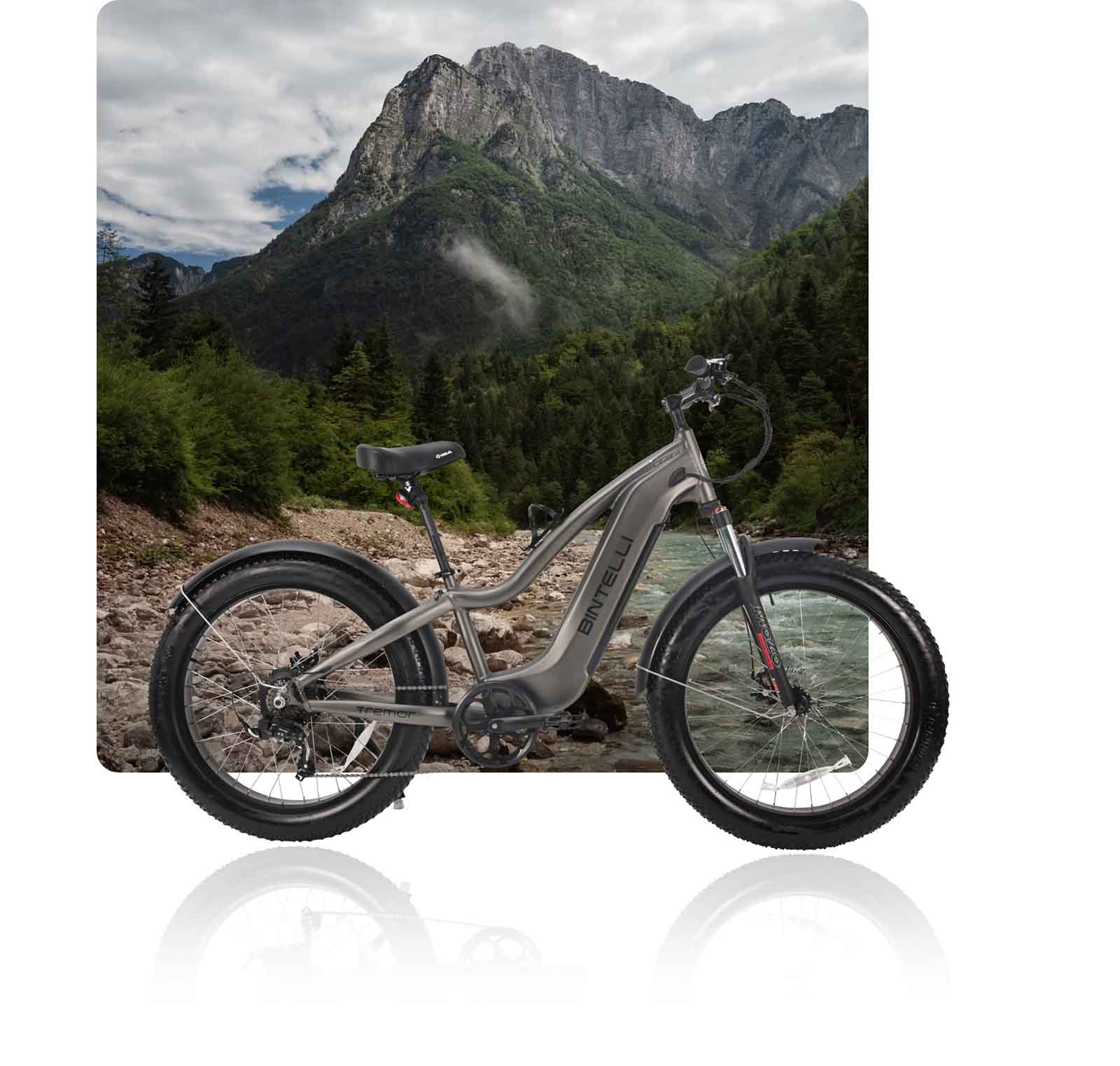 Bintelli gray electric bike parked on the side of a mountain