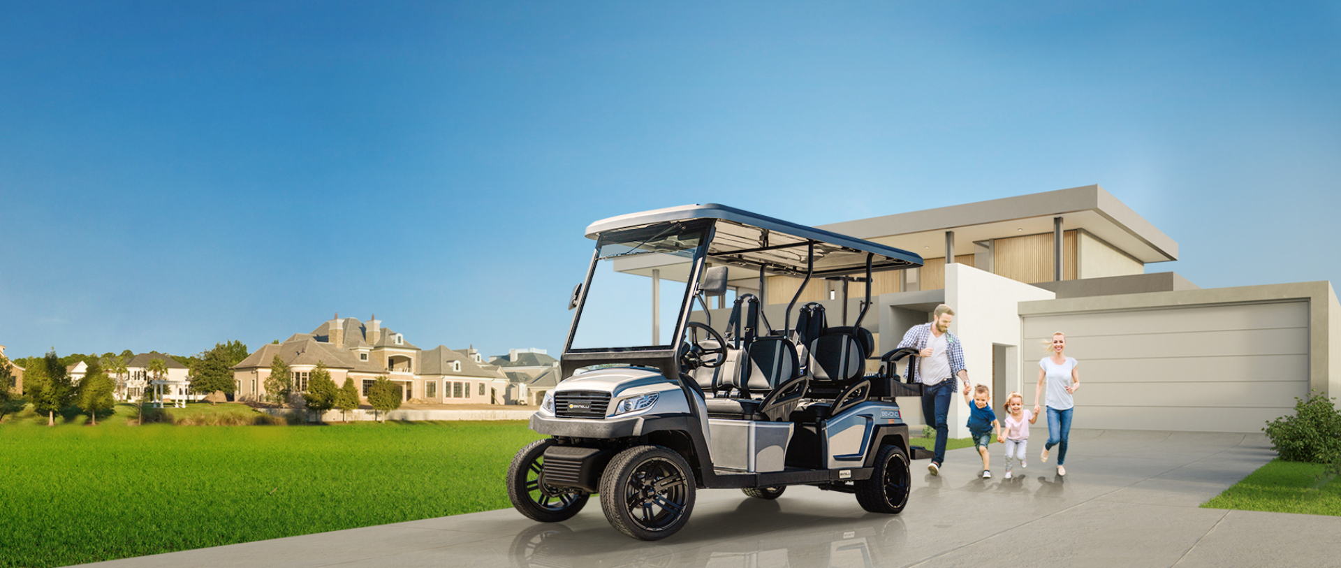 A Family of four enjoying their brand new Bintelli A 6 seater street legal golf cart in Titanium parked on their driveway