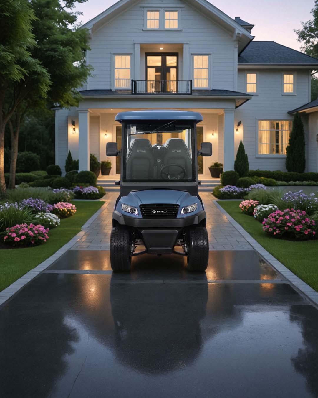 blue bintelli golf cart in driveway of beautiful home