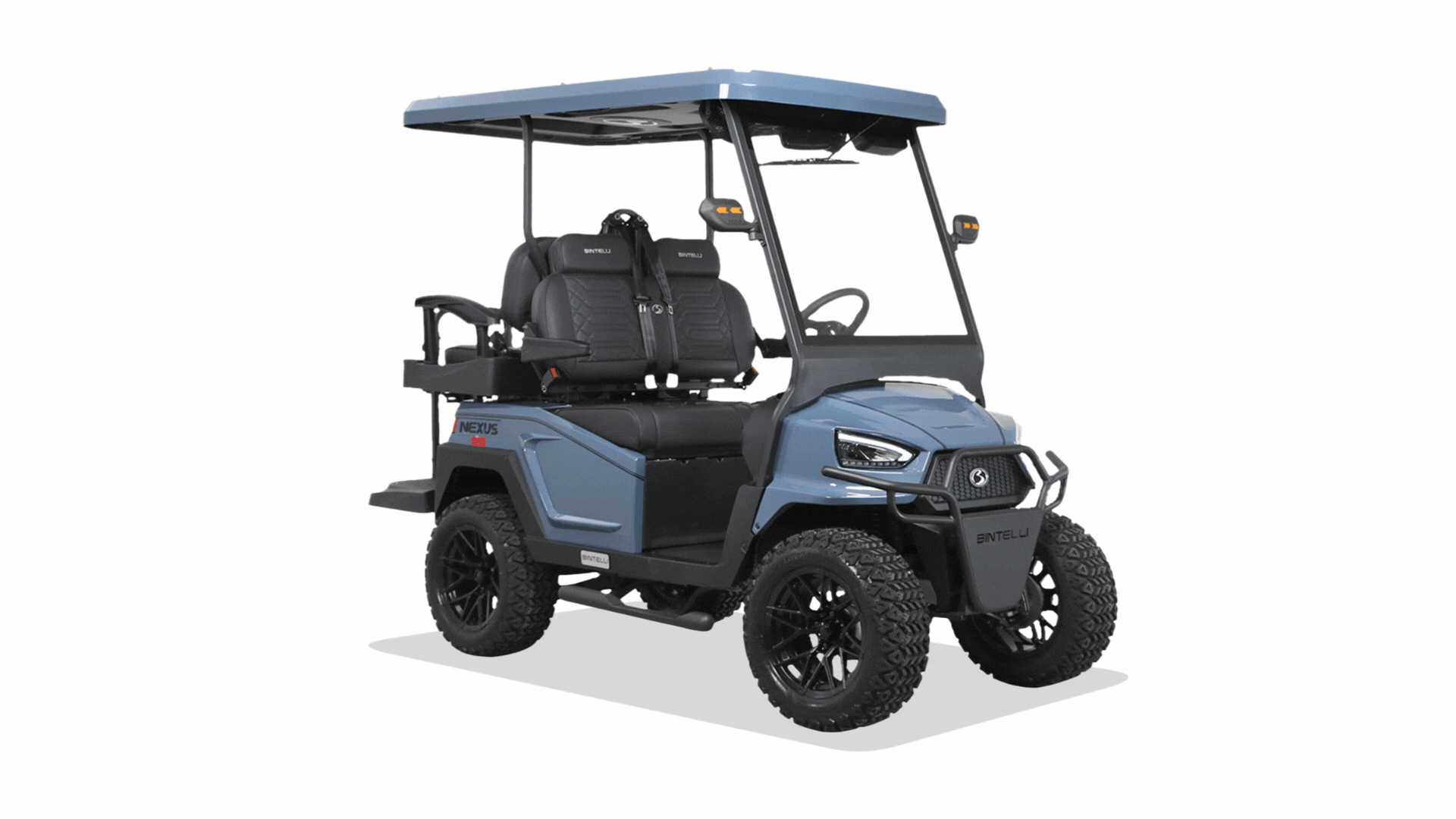 animation showing features of the nexus gen2 blue four seater lifted golf cart