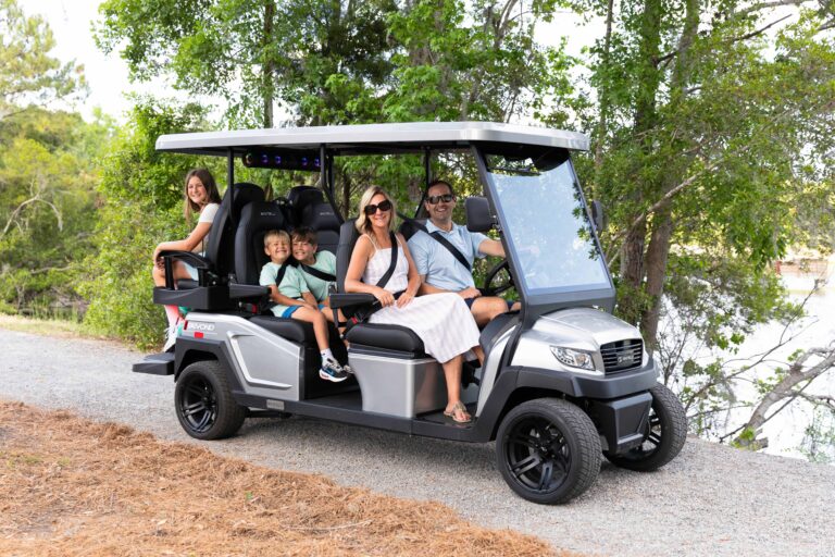 family in silver 6 seater beyond on pathway