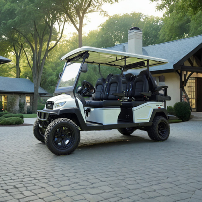 white bintelli 6 seater golf cart in a driveway