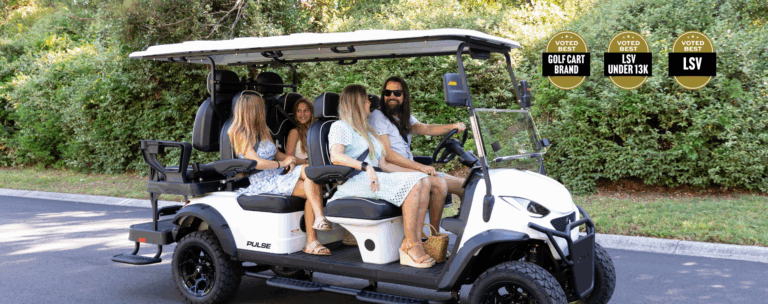 Family driving a bintelli golf cart on the road, wearing seatbelts.